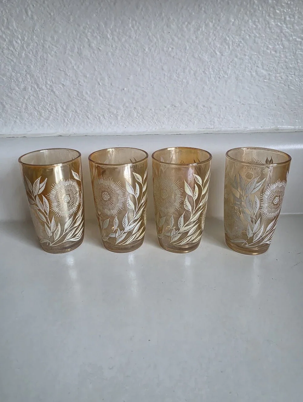 Set Of 4 Vintage JEANETTE Marigold Carnival Cosmos Flower 1950's 5oz Juice Glass